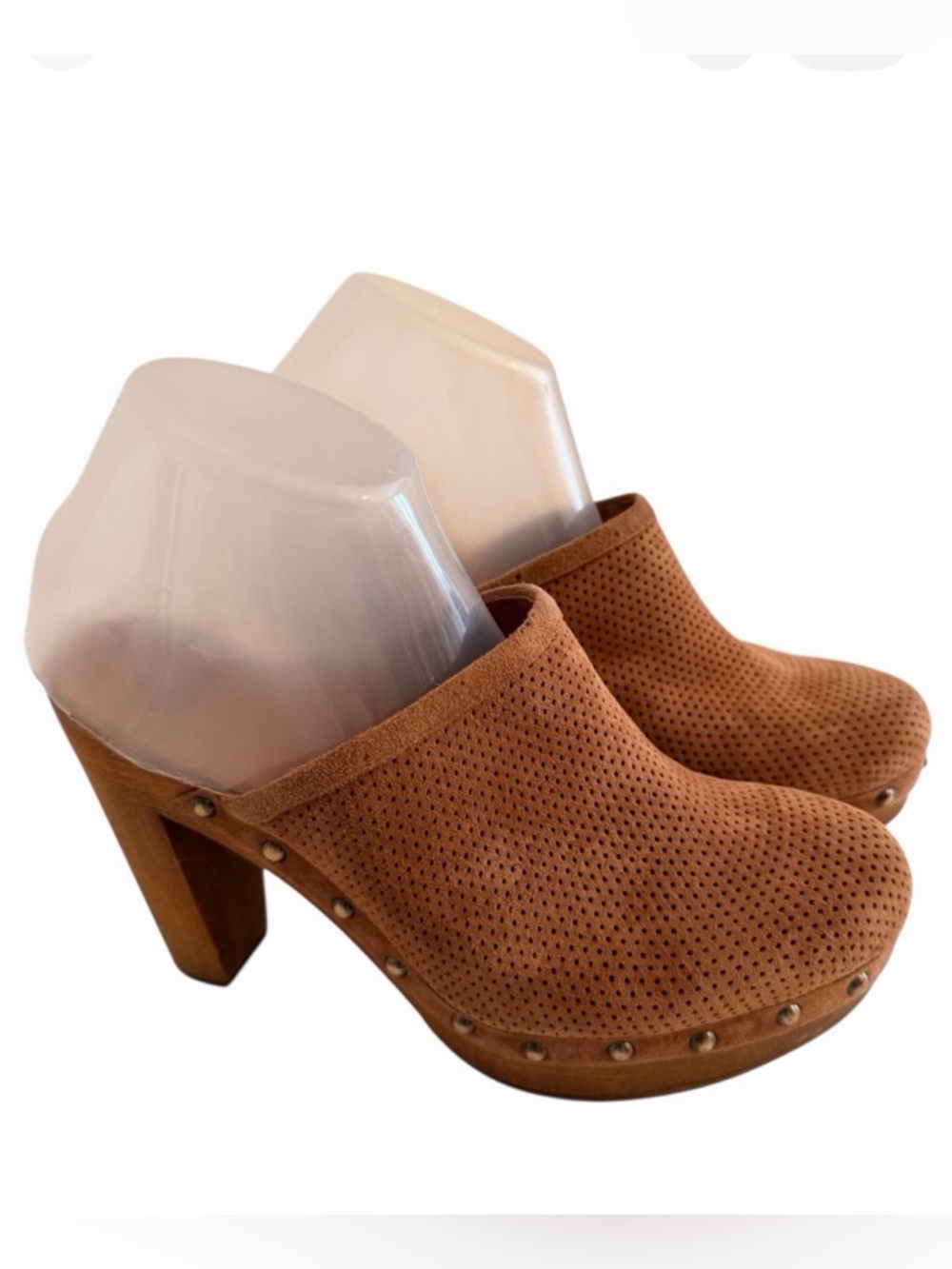 UGG Tan Perforated Suede Studded Platform Clogs 8 LIKE NEW